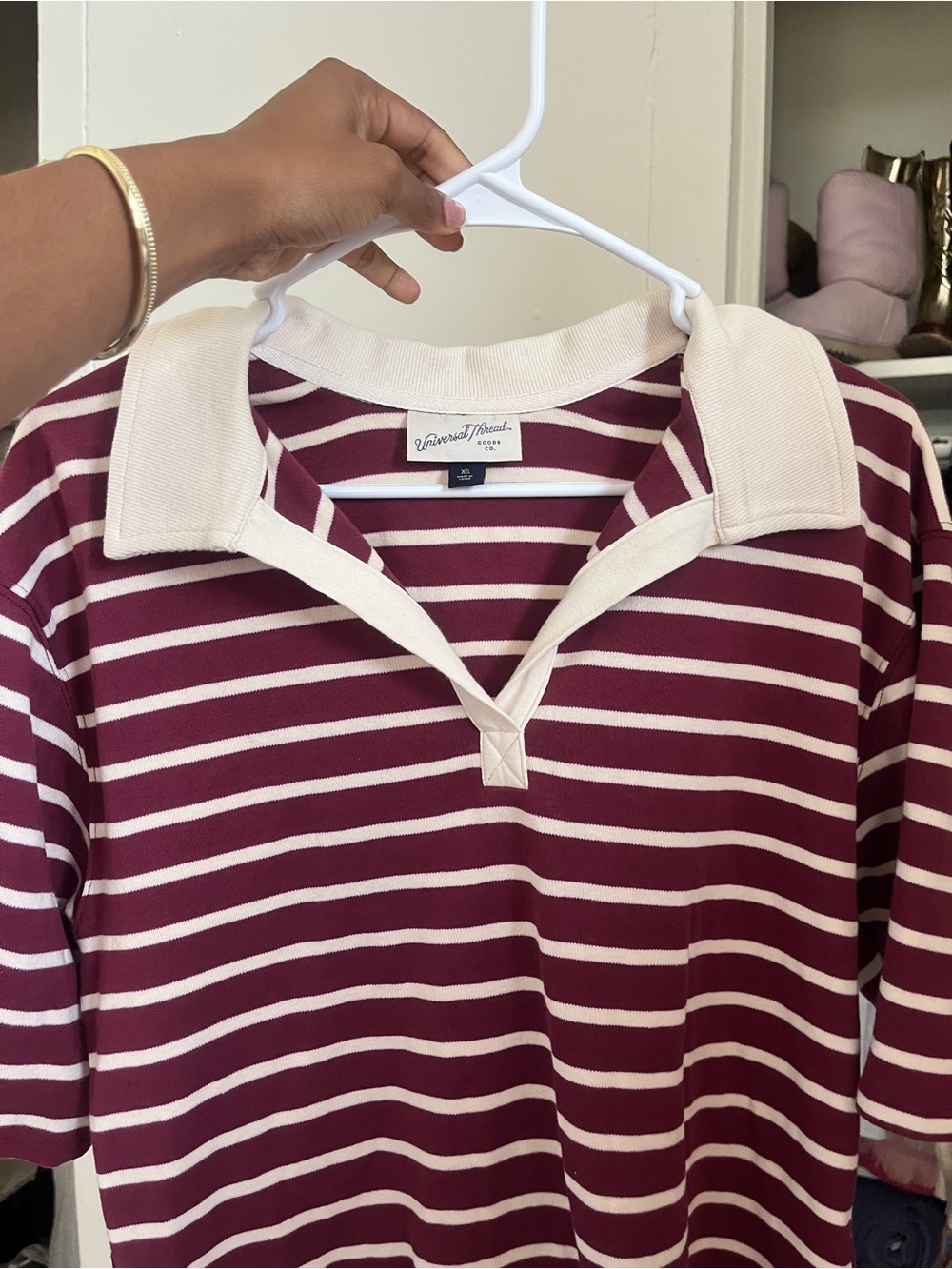 Universal Thread Burgundy and Cream Striped Rugby Polo